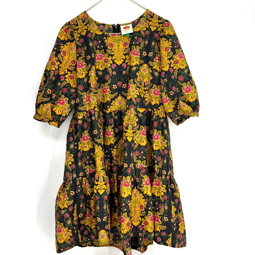 Farm Rio Arabesque Floral Mini Dress Puff Sleeve Tiered Black Yellow Large